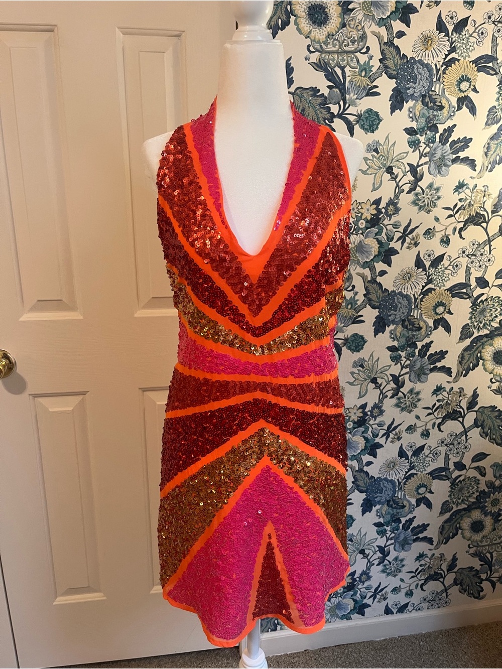 Nasty Gal Orange, Pink & Red Sequin Halter Mini Dress